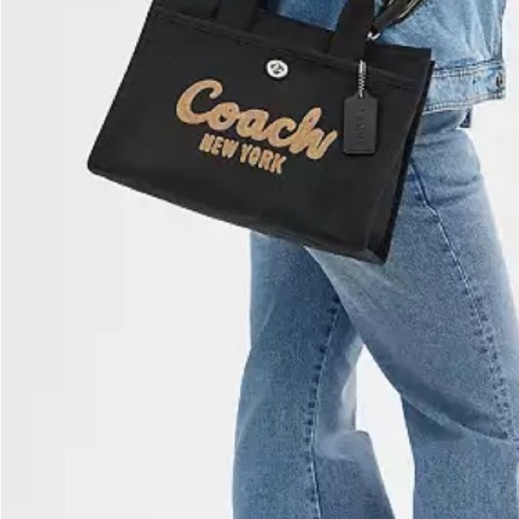 Coach 2024 Cargo Unisex Black and Gold Embroidered Large Logo Canvas Tote - Picture 2 of 9